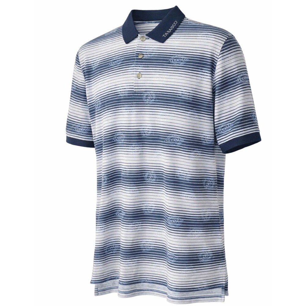 TABASCO Logo Men's Size Medium Polo Golf Short Sleeve Shirt Blue White Graphic